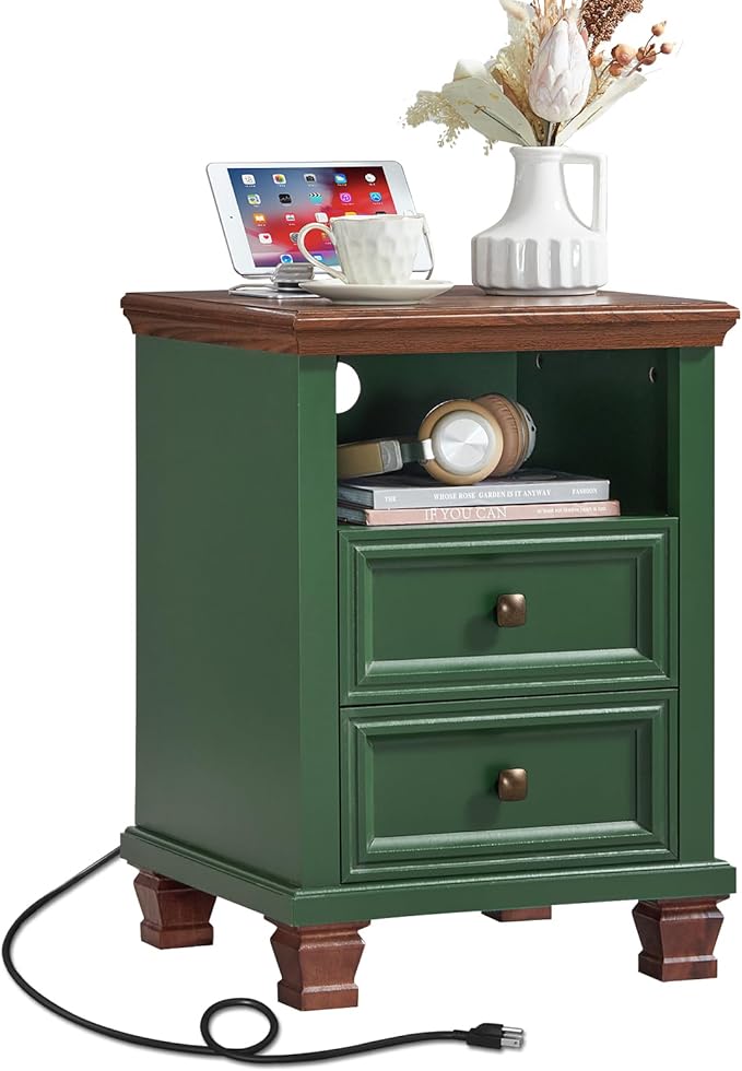 SAVOR LIFE Farmhouse Nightstand with Charging Station, Rustic Green Nightstand,2 Drawers End Table for Living Room,Bedside Table with Open Shelf for Bed Room,Green