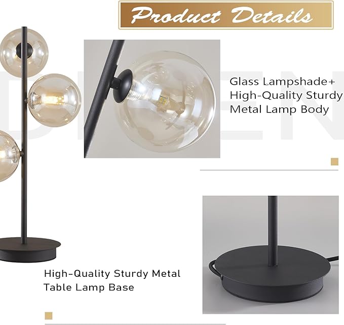 Mid Century Modern 3 Lights Globe Table Lamp Contemporary Minimalist Tall Bedside Desk Lamp Farmhouse Cognac Glass Nightstand Lamps Vintage Reading Light for Bedroom Living Room MTL03-B