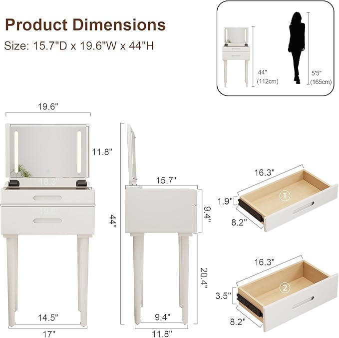 Solid Wood Small Vanity Desk with Mirror and Lights, Narrow Makeup Vanity for Small Space, Flip Top Vanity Side Table, 3 Color Modes & Adjustable Brightness, 19.6" Slim Dressing Table, White