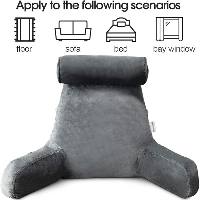 mittaGonG Extra Large Reading Pillow for Sitting in Bed Adult with Detachable Neck Support Cushion & Backrest Pillow for Bed with Arms and Side Pocket Shredded Foam Back Pillow with Washable Cover