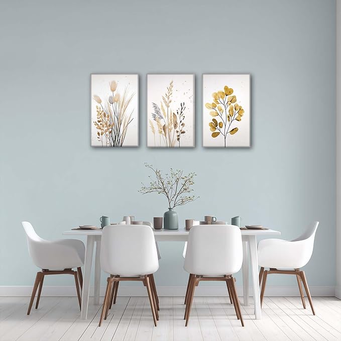 YCJKJDZ Beige Botanical Wrapped Canvas Wall Art Set of 3, Boho Watercolor Wildflower Pampas Grass Poster Neutral Leaf Art Fall Nature plant Prints for Living Room, Bedroom, Office, – 16x24 in