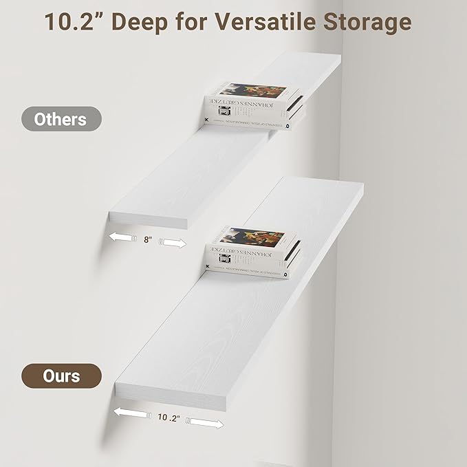 Vivelove 10 in Deep Floating Shelves for Wall, 47.2" x 10.2" x 1.5" Shelves for Room Wall Mounted, 1.5 Inch Thick Shelf for Bathroom Bedroom Kitchen Book Room, Modern Farmhouse Decor, Set of 2, White