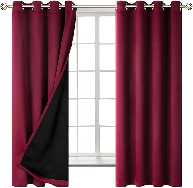 BGment Thermal Insulated 100% Blackout Curtains for Bedroom with Black Liner, Double Layer Full Room Darkening Noise Reducing Grommet Curtain (52 x 63 Inch, Burgundy Red, 2 Panels)
