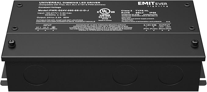 EMITEVER 60W Dimmable LED Driver, 24V Triac Dimmable Power Supply, AC to DC Transformer for LED Light, Compatible with Lutron and Leviton Dimmer, Waterproof IP67 and UL Listed, Class 2