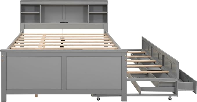Platform Bed with Storage Headboard, USB, Twin Size Trundle and 3 Drawers, Full Size, Gray