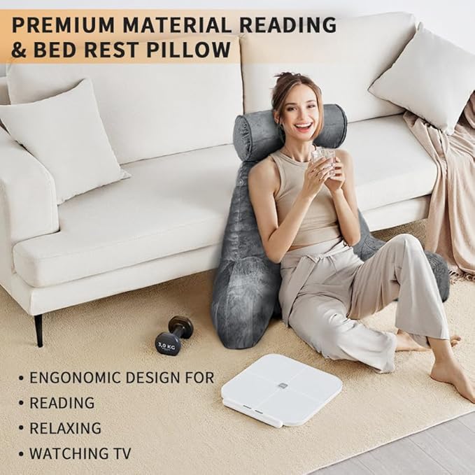 mittaGonG Reading Pillow for Sitting in Bed with Detachable Neck Roll & Big Bed Backrest Pillow Back Support Pillow Chair Pillow with Washable Cover for Adult with Arms and Side Pocket Shredded Foam