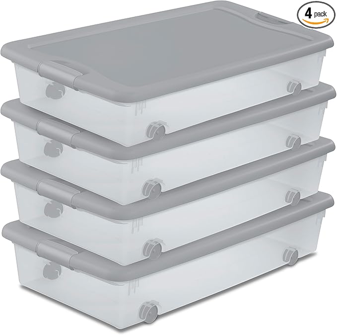 Sterilite 4 Pack Wheeled Under Bed Storage Container, 56 Qt Plastic Bin with Latching Lid for Organization - Clothes & Shoes Organizer, Silver Tint