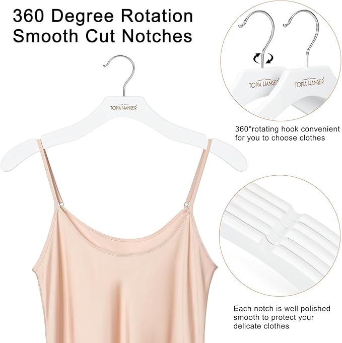 TOPIA HANGER Wooden Coat Hangers 24 Pack, Premium Wood Suit Sweater No Shoulder Bump Hangers, 360° Swivel Hook and Cut Notches Clothes Hangers for Sweater, Coat, Shirts, Hoodies, Dress, White CT85W