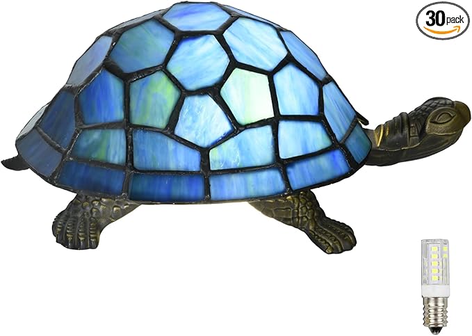 A0020 Turtle Tiffany Style Accent Table Lamp Handmade Stained Glass Animal Night Light for Bedside Livingroom Bedroom Home Decoration (Blue Turtle)