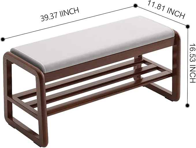 Solid Wood Shoe Bench, 2-Tier Wooden Storage Entryway Bench, Mid-Century Modern Shoe Bench Rack, End of Bed Bench with Faux Leather Cushion, Ottoman Bench for Hallway, Living Room (Cream Grey 39.7'')