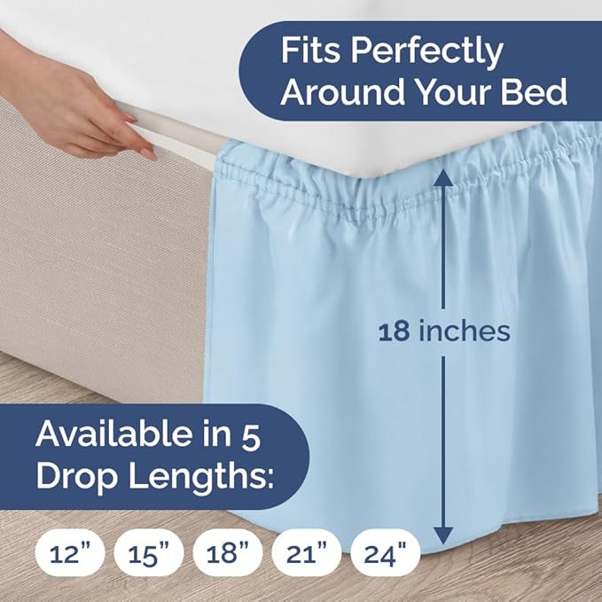 Wrap Around Dust Ruffle Bed Skirt - Light Blue - for King Size Beds with 18 Inch Drop - Elastic Strap - Adjustable Pleated Bedskirt with Brushed Fabric and Wrinkle Free - for Women, Men, Kids & Teens