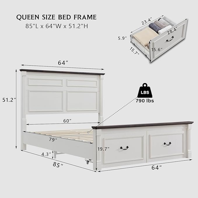 Farmhouse Queen Size Bed Frame with 51" Tall Headboard, Wood Platform Bed Frame with 20" Tall Roman Column Decoration Footboard & 2 Large Storage Drawers, No Box Spring Needed (White)