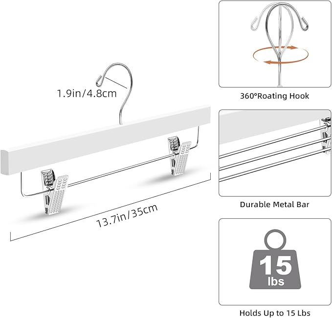 BAGAIL 10 Pack Wooden Pants Hangers with Adjustable Clips, 360°Swivel Hook Space Saving Skirt Holders with Anti-Rust Clips for Trousers, Jeans, Shorts (White)