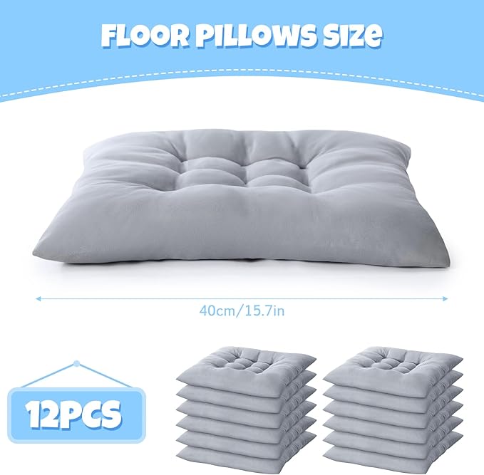 Geetery 12 Pcs Floor Pillows for Classroom Bulk Square Seating Cushions for Floor Chair School Kindergarten Reading Corner, 15.7'' Large Thick Meditation Cushions Yoga Nursery Daycare (Grey)