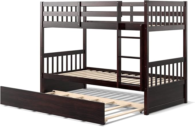 KOMFOTT Wood Twin Over Twin Bunk Bed with Trundle, Solid Pine Wood Bunk Bed Frame with Ladder & Safety Guardrails, Space-Saving Convertible Twin Bed Frame for Home & Dormitory, No Box Spring Needed