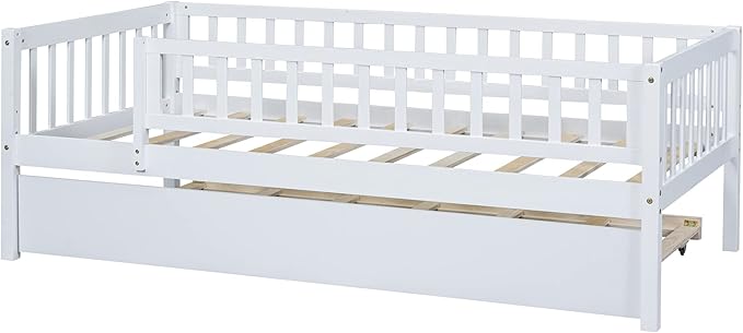 Bellemave Twin Kids Bed Frames with Rails for Kids, Twin daybed with Trundle for Boys/Girls/Adults，White