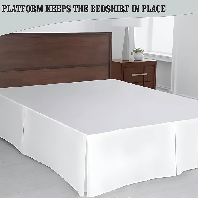Pleated Bed Skirt King Size, 16" Drop with Platform Design for Secure Fit, Split Corners, Wrinkle-Resistant Microfiber for Modern Stylish Look, Tailored Bedding for Hotel Luxury - White