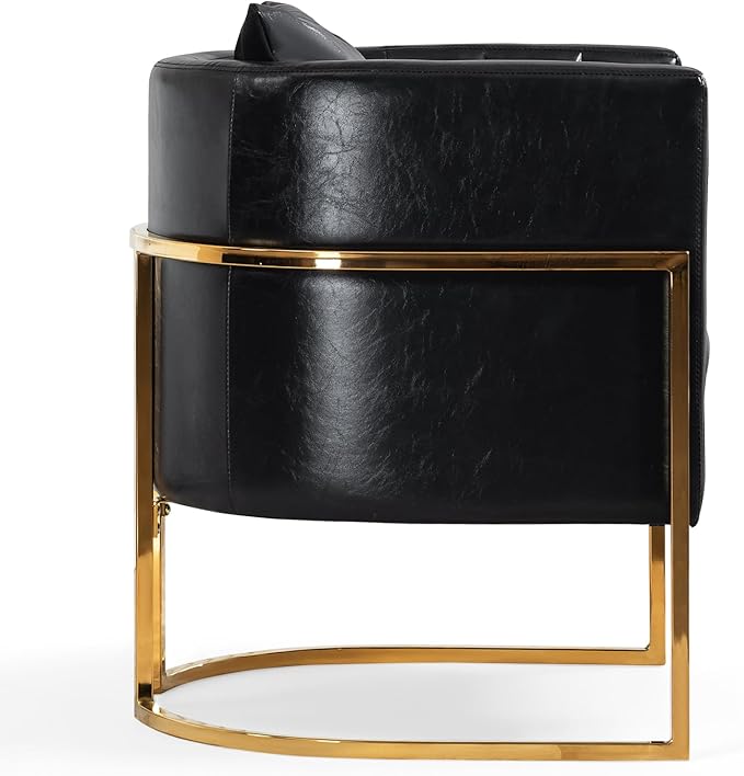 Modern Leather Accent Chairs Set of 2, Mid Century Upholstered Barrel Armchair with Pillow for Living Room, Comfy Single Vanity Chair with Metal Gold Legs for Bedroom, Black