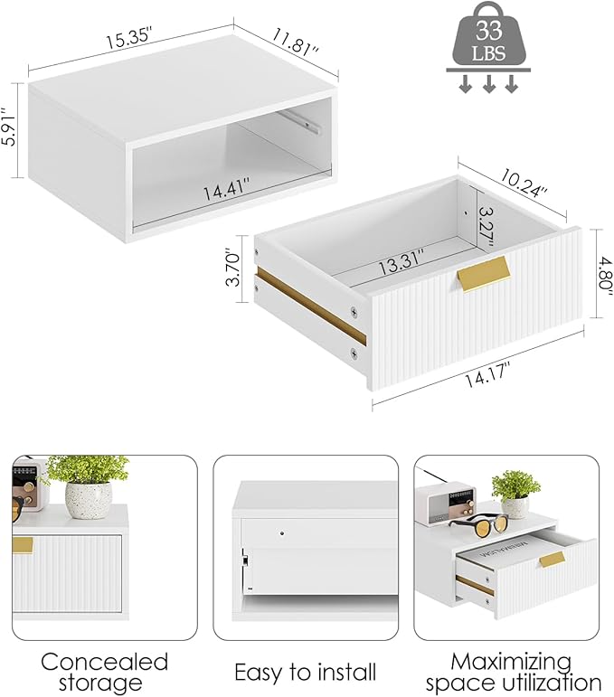 Floating Nightstand, Floating Shelf with Drawer, Wall Mounted Nightstand, Floating Bedside Table (White Stripe)
