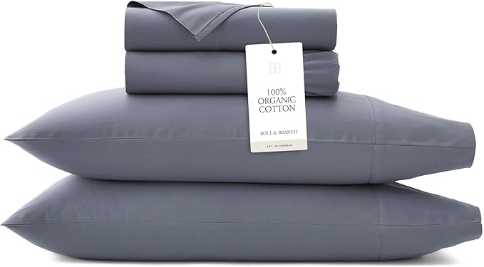 BOLL & BRANCH Signature Hemmed Sheet Set - Twin, Mineral - Luxury 100% Organic Cotton - Includes 1 Flat, 1 Fitted, 2 Pillowcases - Buttery Soft