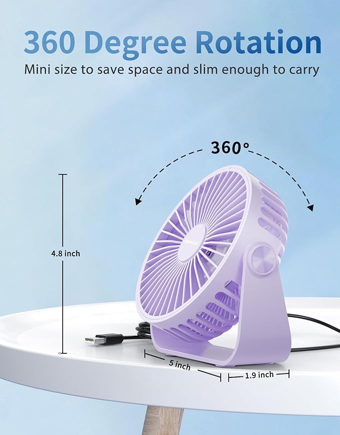 TriPole USB Desk Fan Portable Mini Fan Powerful 3 Speeds Wind Personal Desktop Fan with 360° Head Rotation for Home Office Car Indoor Outdoor Purple, No Battery, 4.5 Inches
