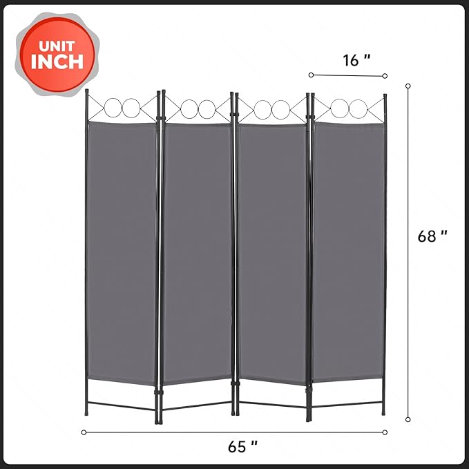 4 Panel Room Divider 6FT Steel Frame Screen Folding Privacy Divider Freestanding Partition for Home Office Bedroom (Grey)