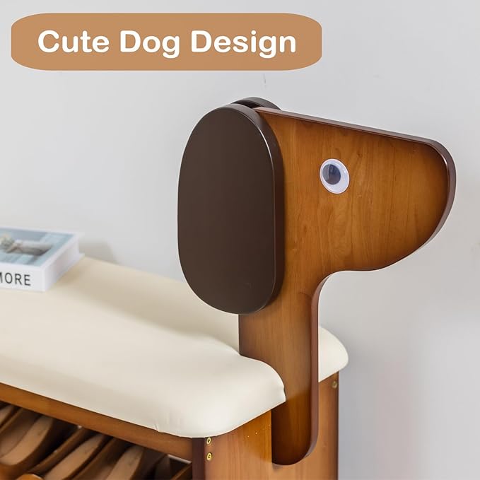 Shoe Bench with Cushion, 2-Tier Dog Entryway Bench Cute, Wood Shoe Rack Bench,23.62 inches