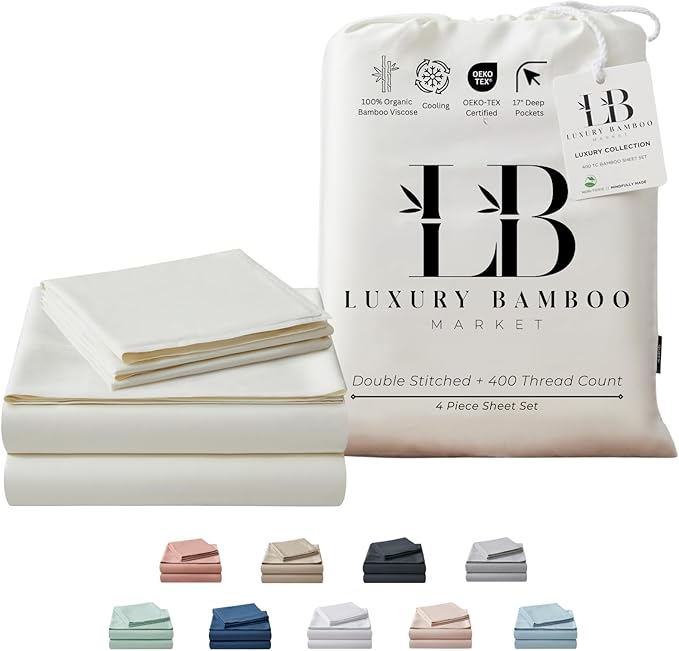 Luxury Bamboo Market | King Size Bed Sheet Set | 100% Viscose Made from Bamboo | Organically Grown | Ultra Soft | Cooling Sheets for Hot Sleepers | 17" Deep Pocket [Opulent Ivory]
