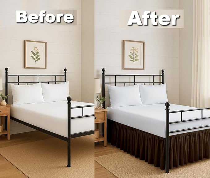 Ruffled Bed Skirt Split Corners with Platform, Tailored Fit Hotel Quality Wrinkle Free Ultra-Soft Microfiber Dust Ruffle, Upto 24 Inch Drop, Full XL, Chocolate