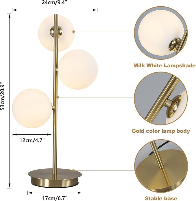 3 Lights Brass Metal Bedside Lamp, Mid Century Globe Table Light, White and Gold Reading Lamp for Office Living Room Dresser Bathroom, G9 Base