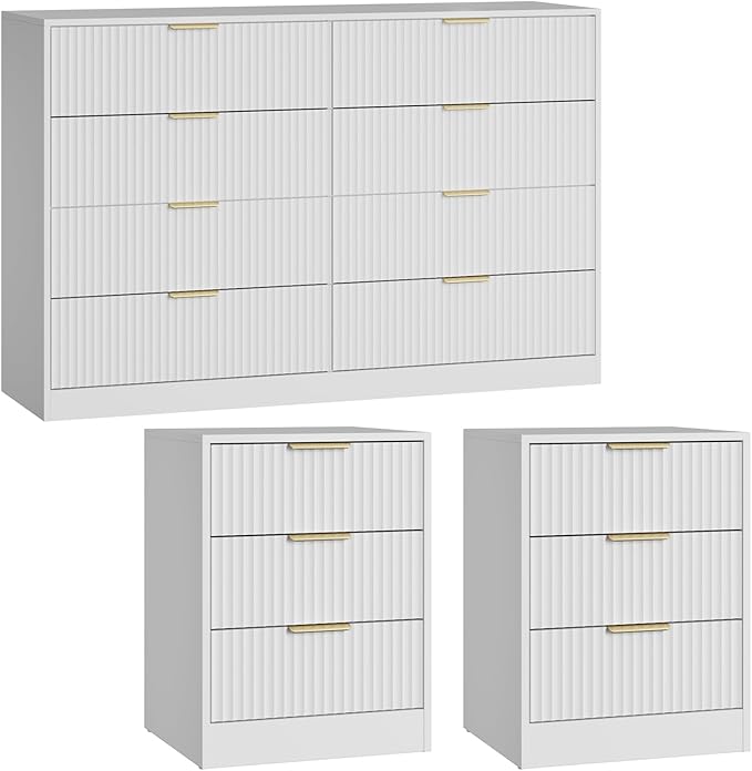 8 Drawer Dresser & Nightstand Set 3-Piece, 55” Wide Tall Fluted Dresser and Night Stand Set of 2 with Metal Handle, Modern Wood Chest of Drawers Storage Dressers Set for Bedroom, White