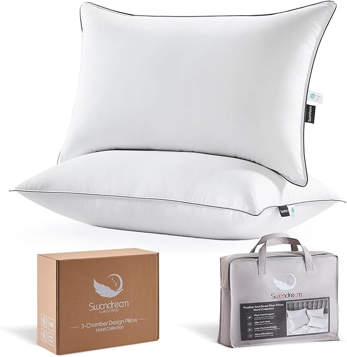 Goose Feather Down Fiber Pillows Queen Size Set of 2, Luxury 3-Chamber Pillows with Soft & Down-Proof Cover, Fluffy Plush Hotel Bed Pillows for Side, Back & Stomach Sleepers, 20"x30"