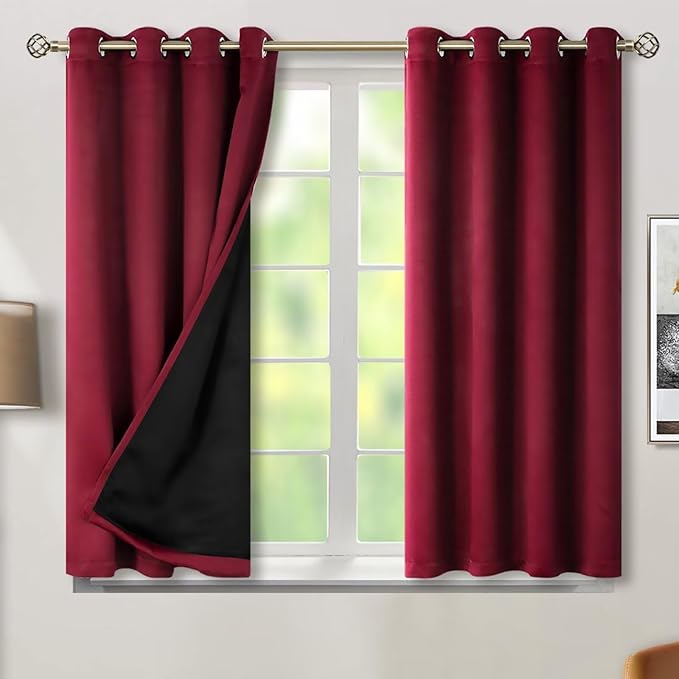 BGment Short 100% Blackout Curtains for Bedroom, Thermal Insulated Lined Energy Efficiency Noise Reducing Grommet Curtains 54 Inch Length for Small Window 2 Panels Each 52 Inch Wide, Burgundy Red