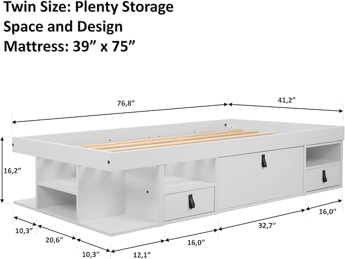 memomad Bali Storage Platform Bed with Drawers (Twin Size, Off White)