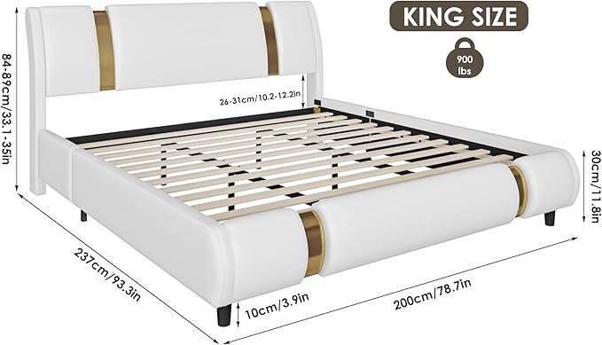 TTVIEW Modern Faux Leather Upholstered Platform Bed Frame with Golden Iron Metal Decor, Adjustable Curved Headboard, Wooden Slats Support, No Box Spring Needed, King Size, White