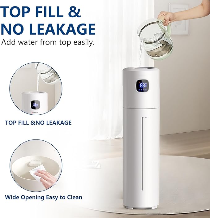 Large Humidifiers for Bedroom, 9L/2.5Gal Ultrasonic Cool Mist, Top Fill Easy Clean with 350ML/H Mist Speed, Quiet, Suitable for Kids Room Plant Yoga Office Study Room Living (White, Round)