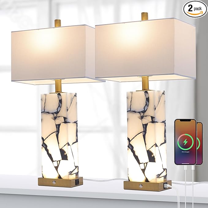 Natural Marble Table Lamps Set of 2: 3-Color Temperatures Alabaster Lamp with Nightlight, Bedside lamps with USB Ports, Bedroom Lamps for Night Stands End Table lamps for Living Room, Bulbs Included
