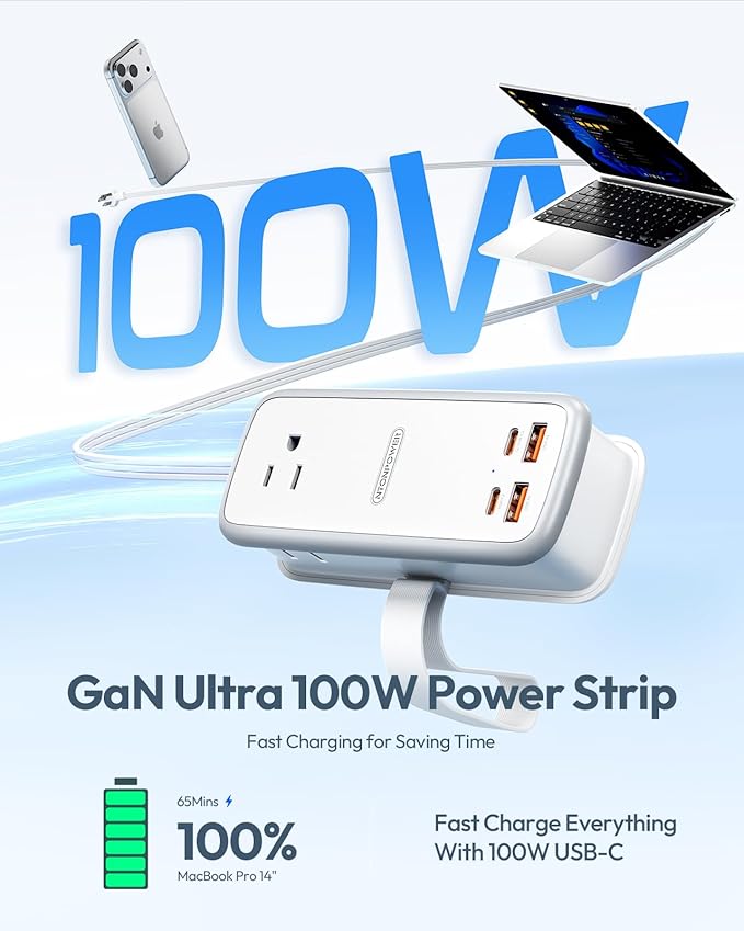 NTONPOWER 100W GAN Ultra Travel Power Strip, 7-in-1 USB C Charging Station with 3 Outlets 4 USB (2 Fast Charge)& 5ft Extension Cord, Compact Desktop Charger for MacBook, iPhone, Cruise, Office, White