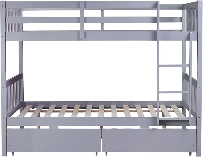 Full Over Full Bunk Bed with Storage Drawers,Convertible Bunk Beds with Ladder & Safety Guardrails,Full Size Bunk Beds for Kids Girls Boys,Grey