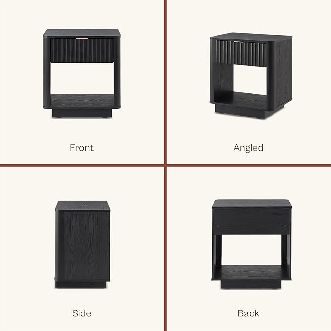 mopio Brooklyn Fluted Nightstand, Modern Farmhouse Nightstand, Small Side, Wood Bedside Table with Drawer, End Table with Storage, Fluted Night Stand, Curved Profile (Black Oak, Set of 2)