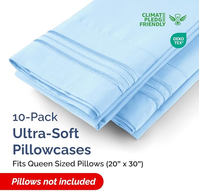 Queen Pillow Cases Set of 10 - Ultra Soft Hotel Quality Pillowcase Covers - Comfy, Cozy & Wrinkle Free - Shrink, Stain & Fade Resistant - Machine Washable Pillow Protectors - 10 Piece Set - Light Blue