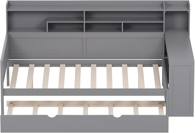 Merax Full Size Corner Bed Frames with Desk and Trundle & Storage Shelves Headboard, Pinewood U-Shaped Captain Daybed for Small Room, Bedroom, Guest Room, Kids' Room, Grey
