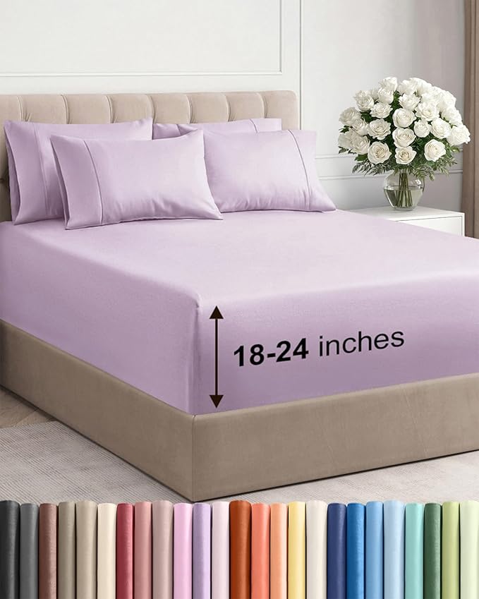 Extra Deep Queen Sheet Set - 6 Piece Breathable and Cooling Sheets - Hotel Luxury Bed Sheets Set - Easy Fit - Soft, Wrinkle Free and Comfy Sheets Set - Light Lavender Sheet Set with Extra Deep Pockets