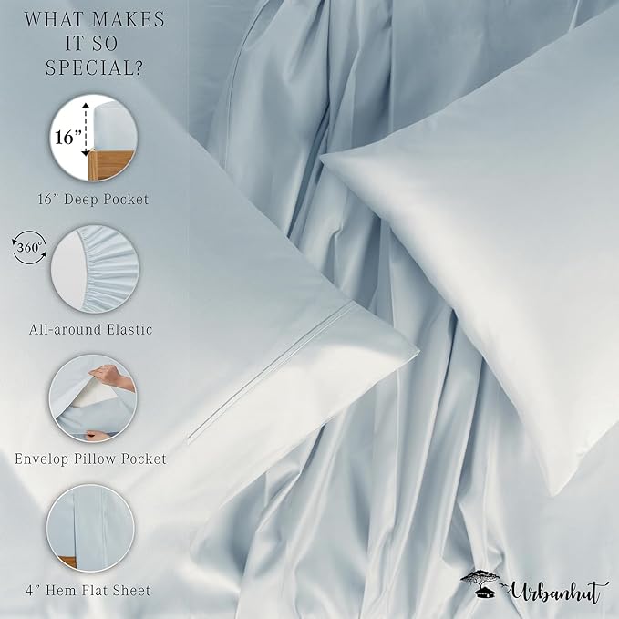URBANHUT 800 Thread Count 100% Cotton California King Size Sheets, Luxury 4 Piece Cal King Bedsheets, Hotel Sheets Sateen Finish - Better Than Egyptian, 16" Elasticized Deep Pocket - Light Blue