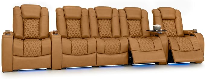 Seatcraft Diamante Zero-Gravity CoolZero Italian Leather Home Theater Seating, Power Headrest, Power Recline, Row of 5 Middle Sofa, Tan Oak