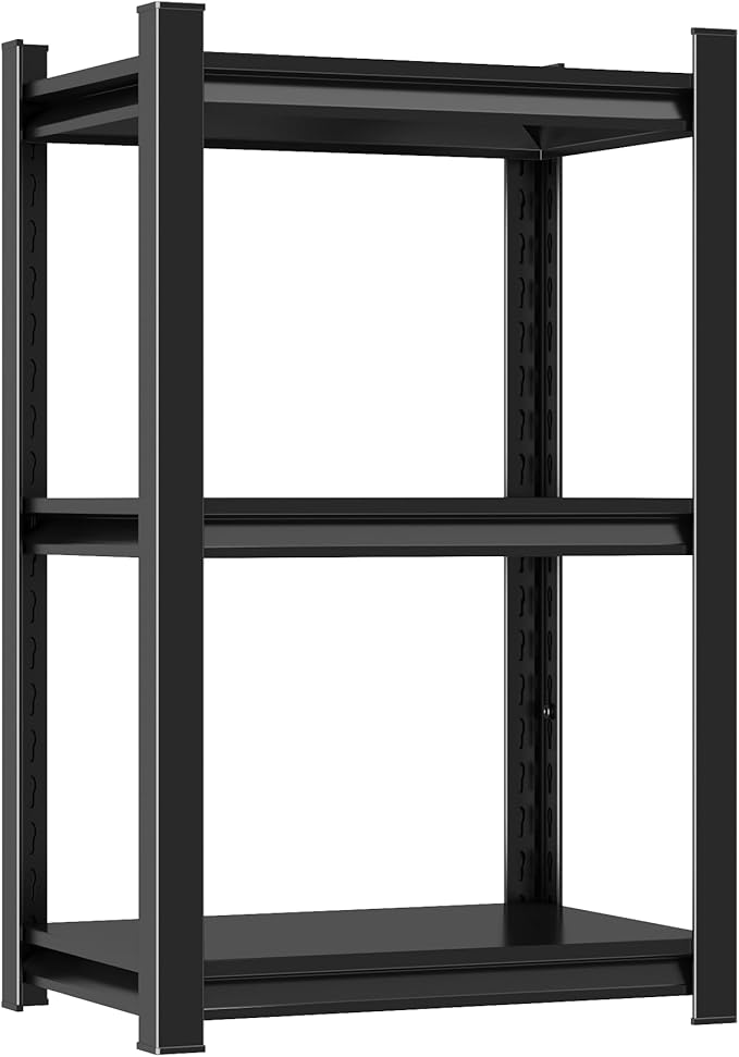 32'' Storage Shelves, 3Tier Garage Metal Shelving Unit, Adjustable, Double-Layer Column with Reinforced Ribs, Heavy-Duty, Capable of Bearing 1800 lbs, Suitable for Garage, Warehouse, Kitchen Storage