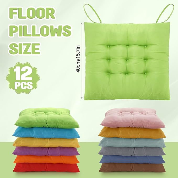 Geetery 12 Pcs Floor Pillows for Classroom Bulk Square Seating Cushions for Floor Chair School Kindergarten Reading Corner, 15.7'' Large Thick Meditation Cushions Yoga Nursery Daycare (Bright Color)