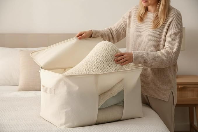 Soft Canvas Storage Bag with Zipper and Clear Window, Cotton Linen Organizer Storage for Pillow, Sweater, and Bedding, 55L, 4 Pack, Beige