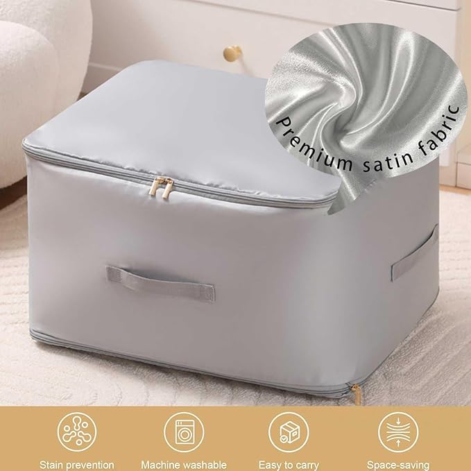 Ultra Space Saving Self Compression Organizer, 2025 New 3-Layer Zipper Large Capacity Storage Bag, Thick Satin Fabric Heavy Duty Bags for Comforters Blankets Bedding Duvet (Gray, X-Large, 21x17x24in)