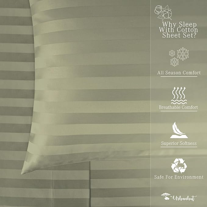 URBANHUT 800 Thread Count 100% Cotton Damask Twin Size Sheets, 4 Piece Striped Twin Size Bedsheets, Luxury Hotel Sheets Sateen Weave - Better Than Egyptian, 14" Elasticized Deep Pocket- Sage
